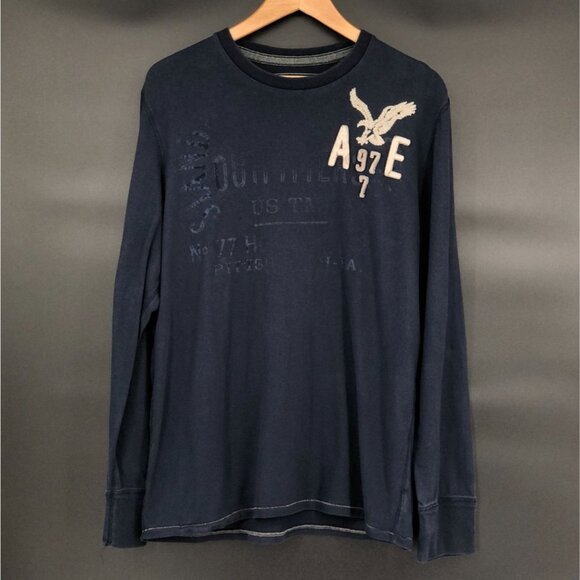 American Eagle Men's Graphic Logo Long Sleeve T-Shirt Navy Blue Y2k Faded 2009 - Picture 1 of 9